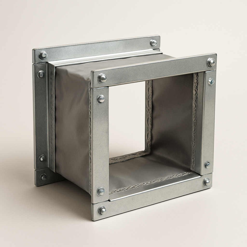 reinforced flexible duct connector stretched slightly between two metal collars