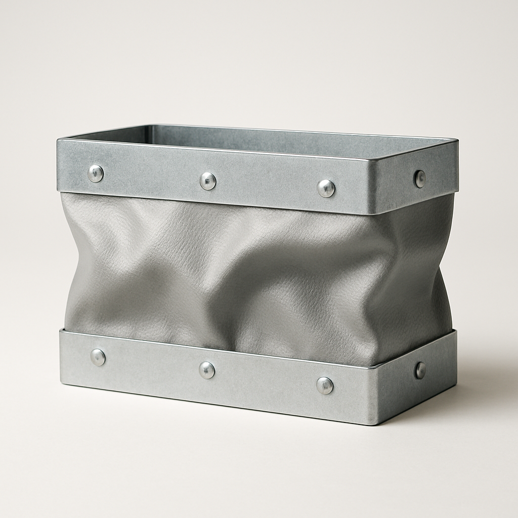 fabric and metal connector shown close up with folded seams and ribbed surface texture