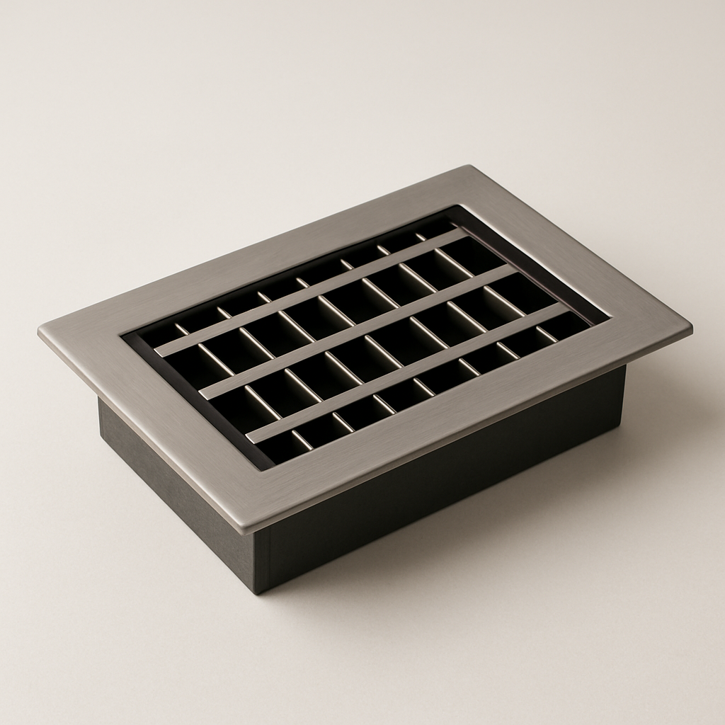 low profile air vent sitting nearly level with a smooth wood floor