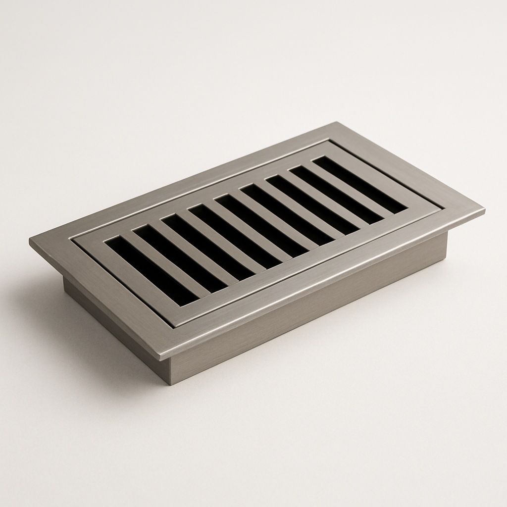 flush metal grille installed in flooring with a flat trim edge and hidden damper