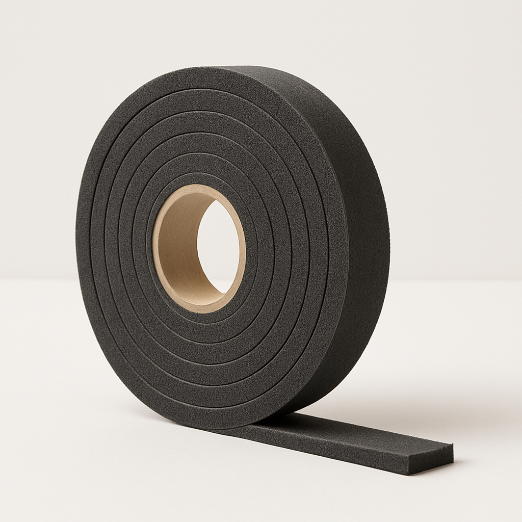 black adhesive foam strip coiled on backing paper with soft textured edges