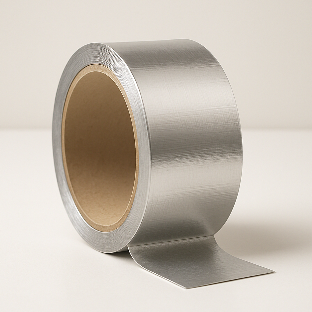 shiny silver sealing tape roll on cardboard core with loose end lifted