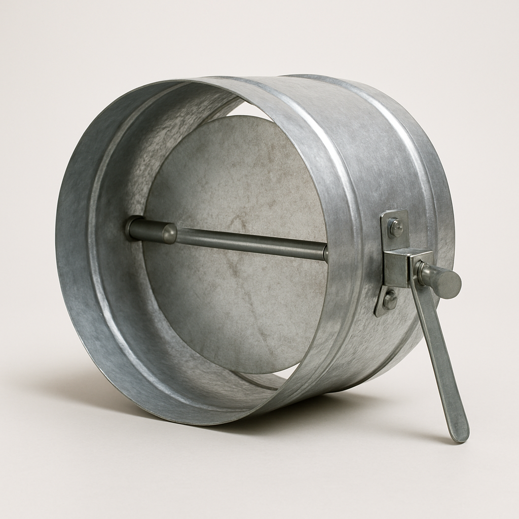 round galvanized duct fitting with a simple side lever and visible folded seam