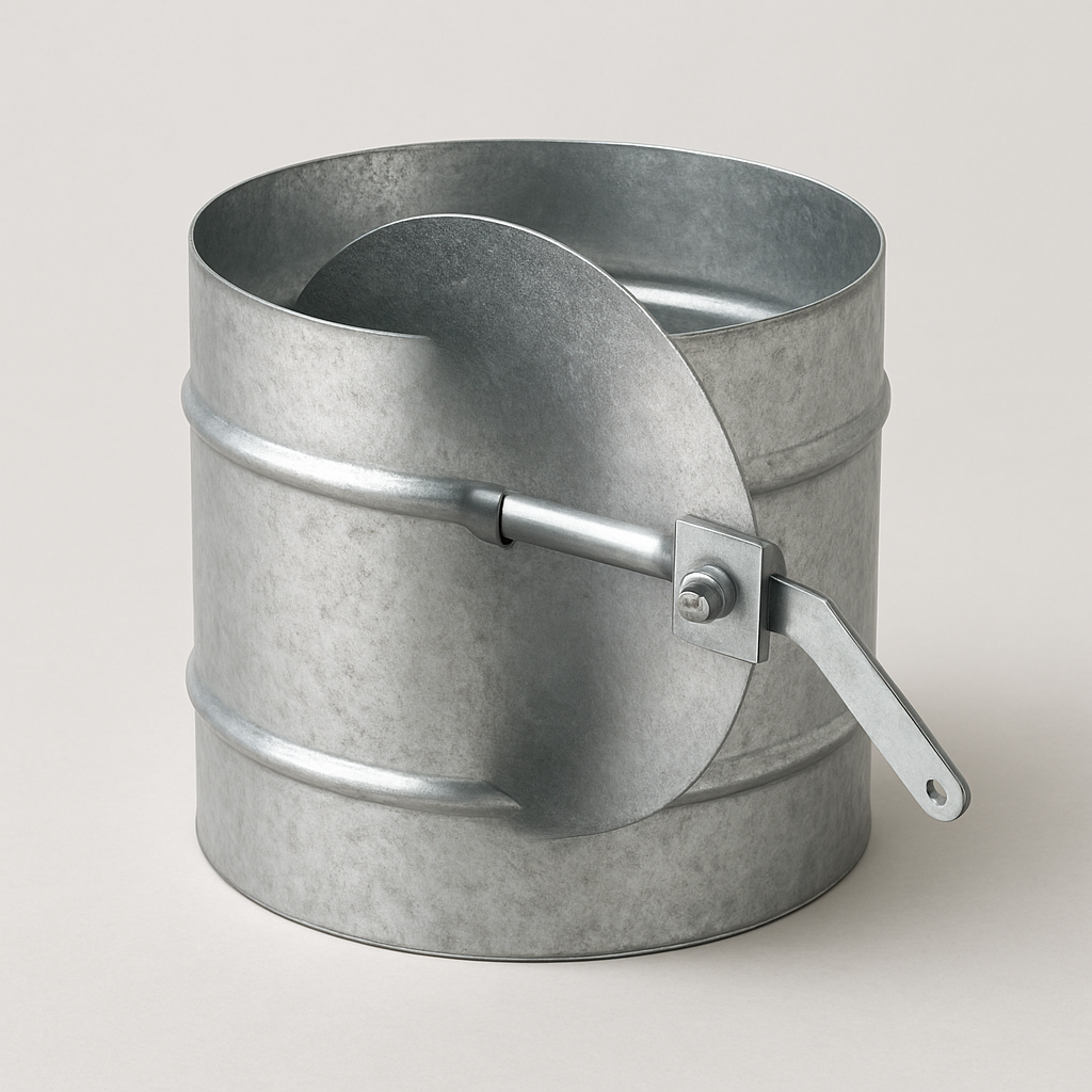 front angle of a silver metal duct sleeve with a flat blade crossing the circular opening