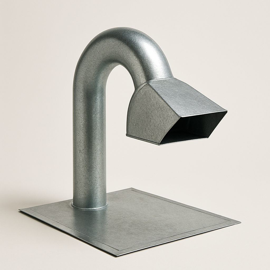 curved gooseneck metal duct with a flanged base standing on a gray tabletop