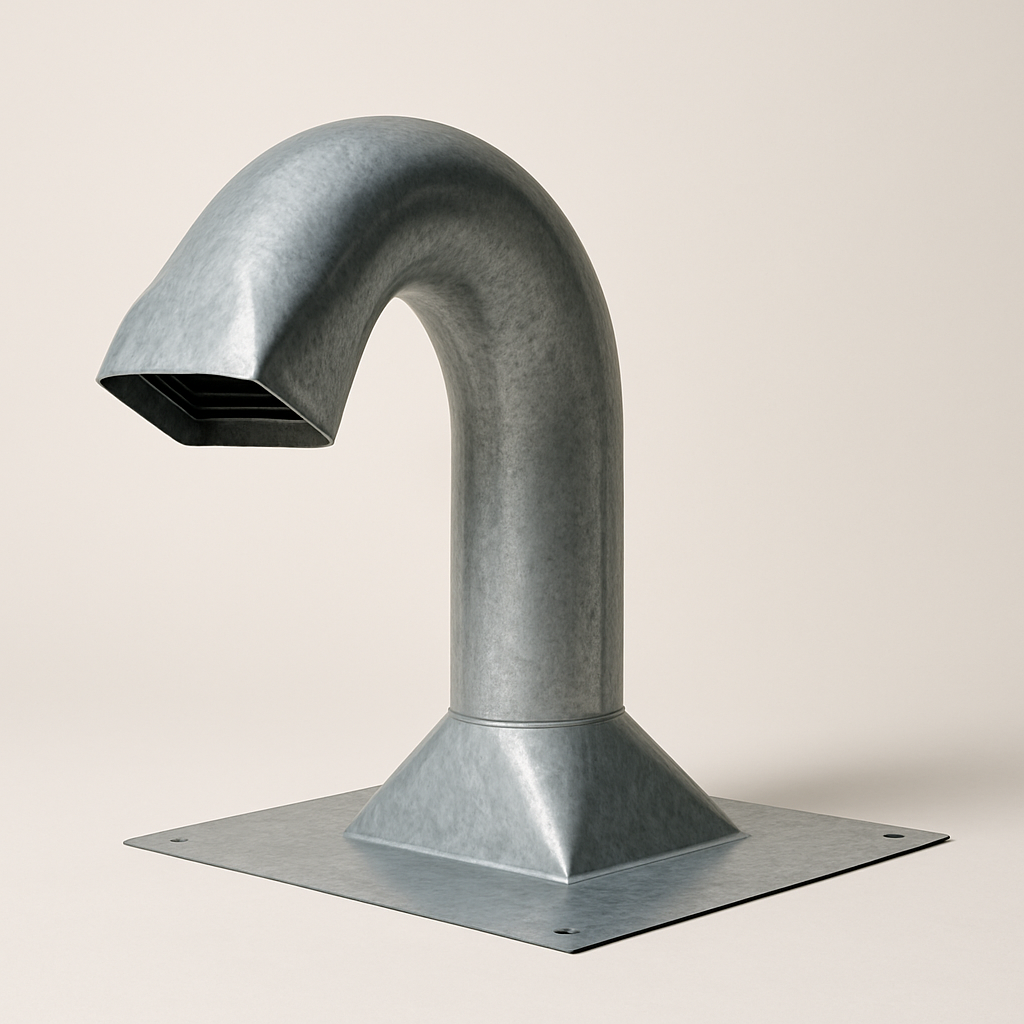 side view of an arched vent neck with a downward opening and smooth silver finish