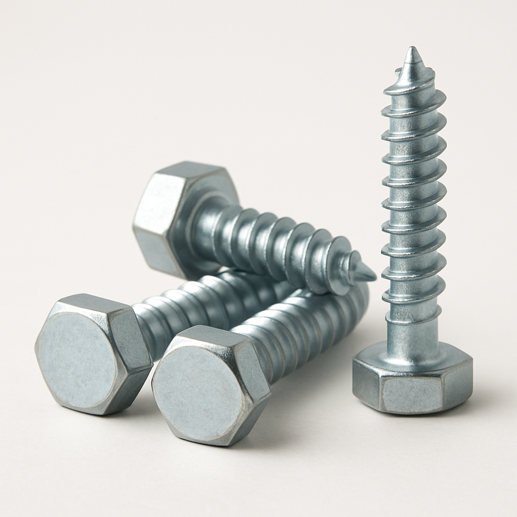 close-up of short threaded fasteners showing six-sided heads and sharp tips
