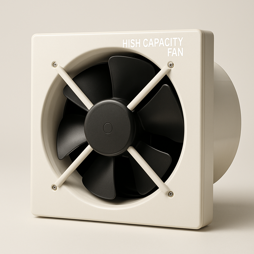 heavy duty high airflow fan with large round blade guard and dark metal frame