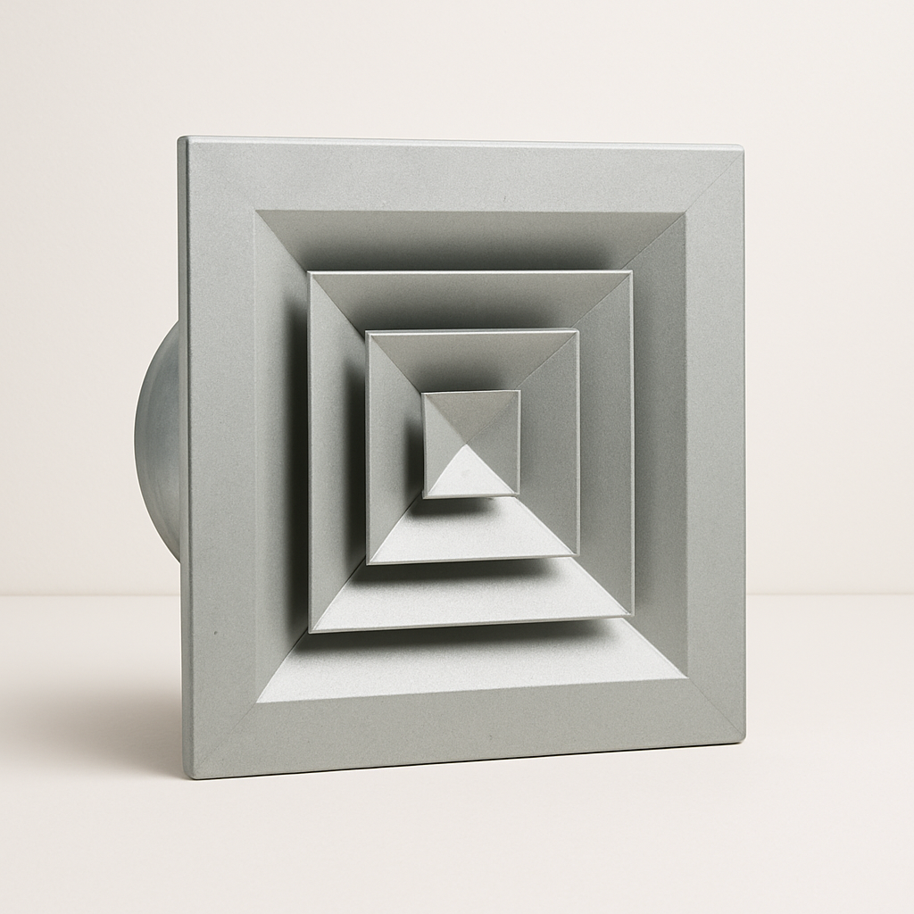 white metal long throw air diffuser with deep directional vanes on a neutral surface