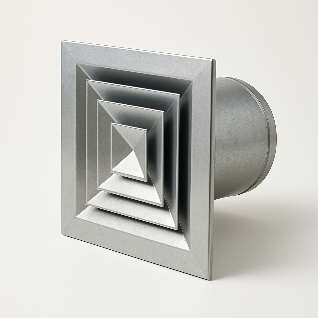 ceiling mounted high throw vent shown with angled blades and sturdy square trim