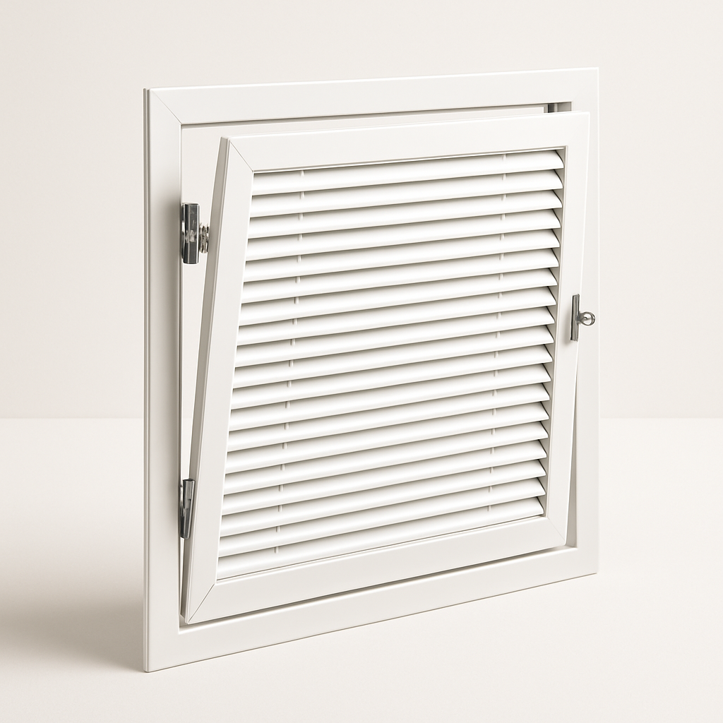 white metal grille swung open on side hinges for inspection