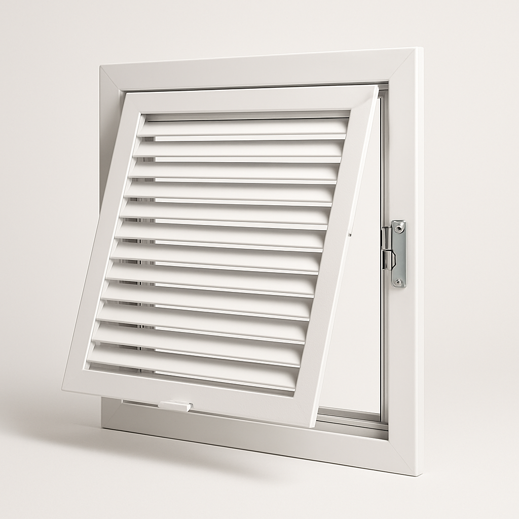 close view of fixed blades and hinge edge on a painted vent cover