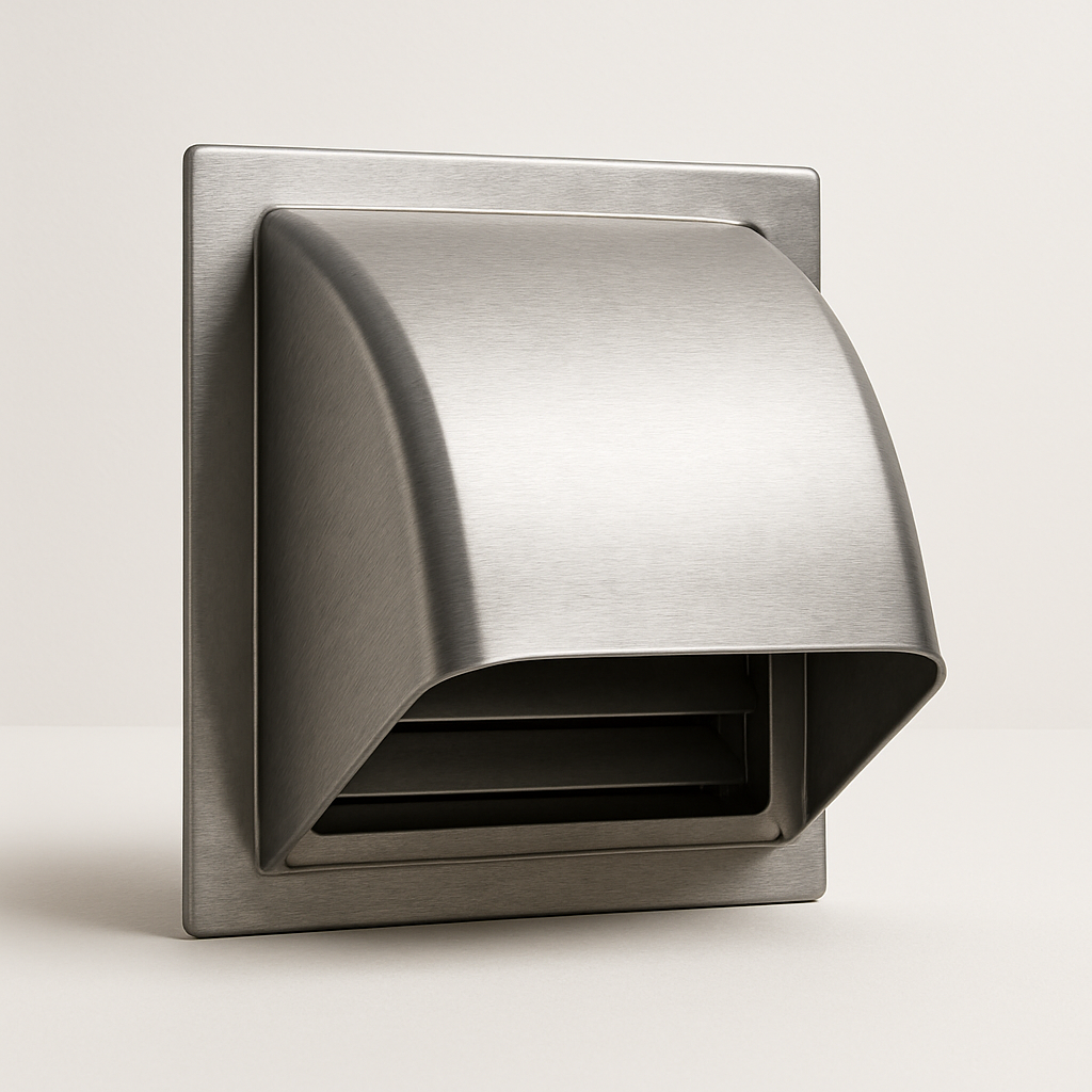 metal hooded vent cover with broad top lip casting a shadow on stucco
