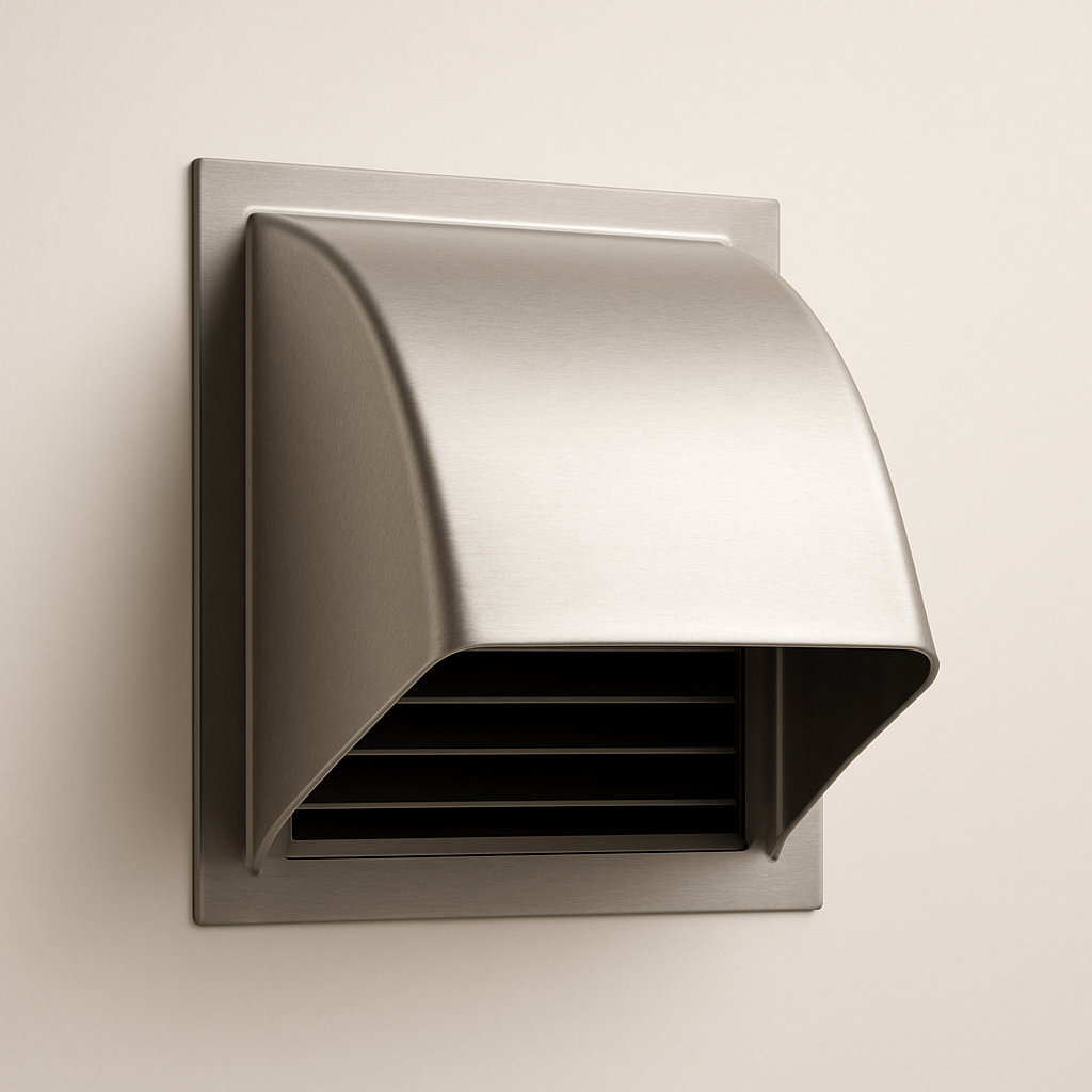 three quarter view of weather shielded wall cover with square flange and round collar