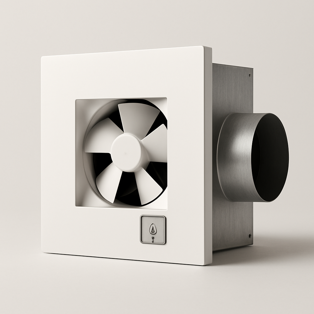 front view of a moisture control fan cover with subtle indicator lens and clean plastic frame