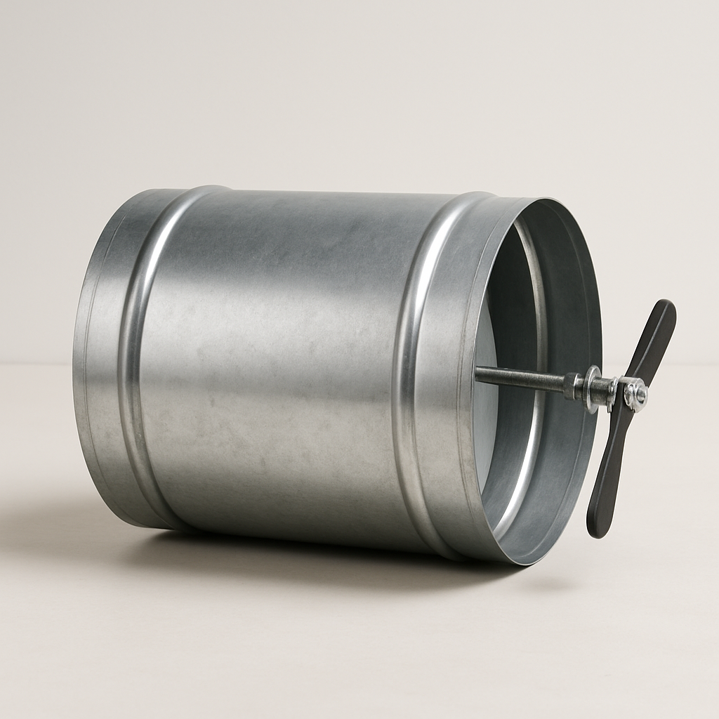 straight metal inline duct section with a side handle and internal round balancing blade