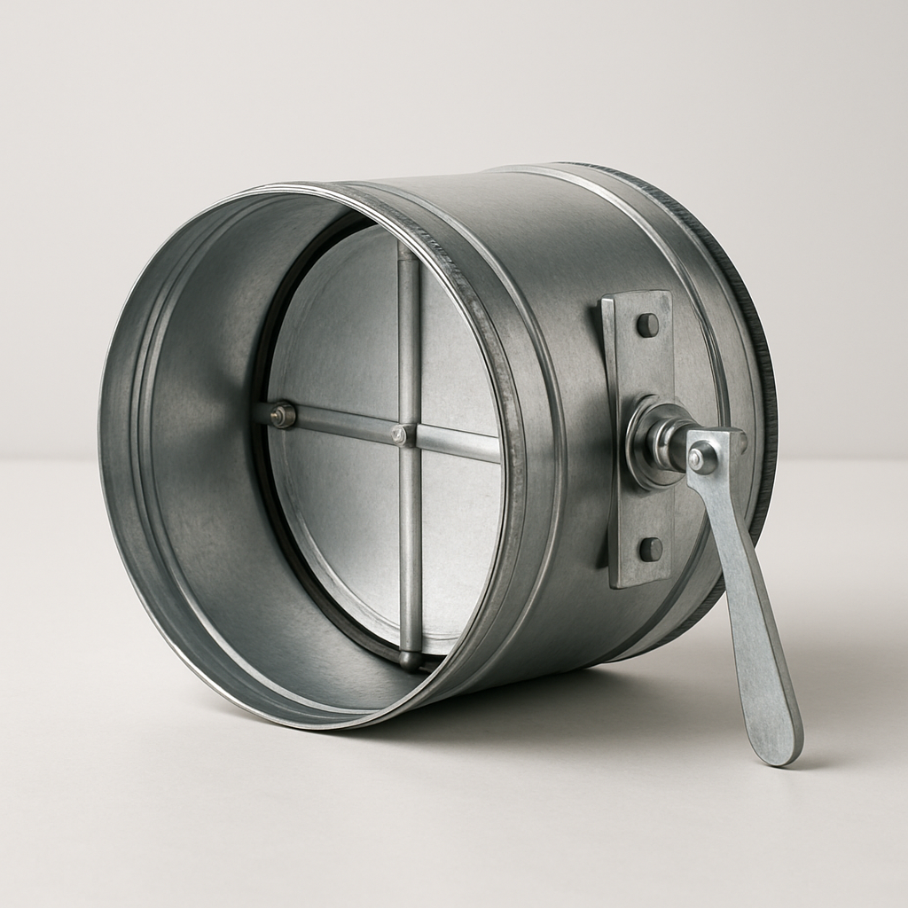angled studio shot of a silver duct sleeve with seams, rivets, and a small adjustment arm