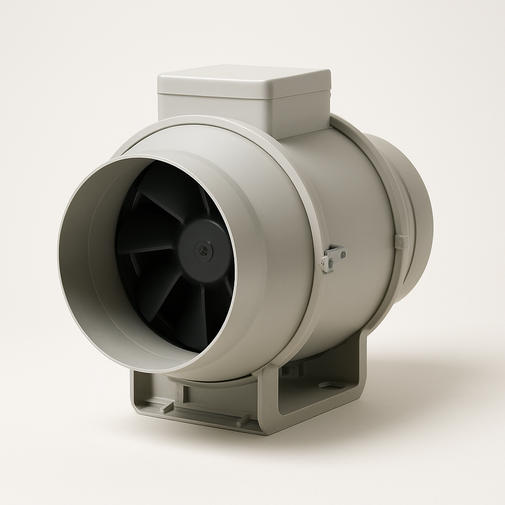 cylindrical inline duct fan in matte black housing placed between two round duct ends