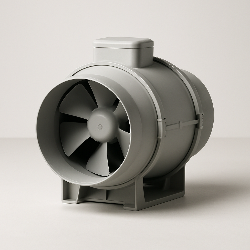 close-up of a remote mount ventilation fan with molded casing and removable service panel