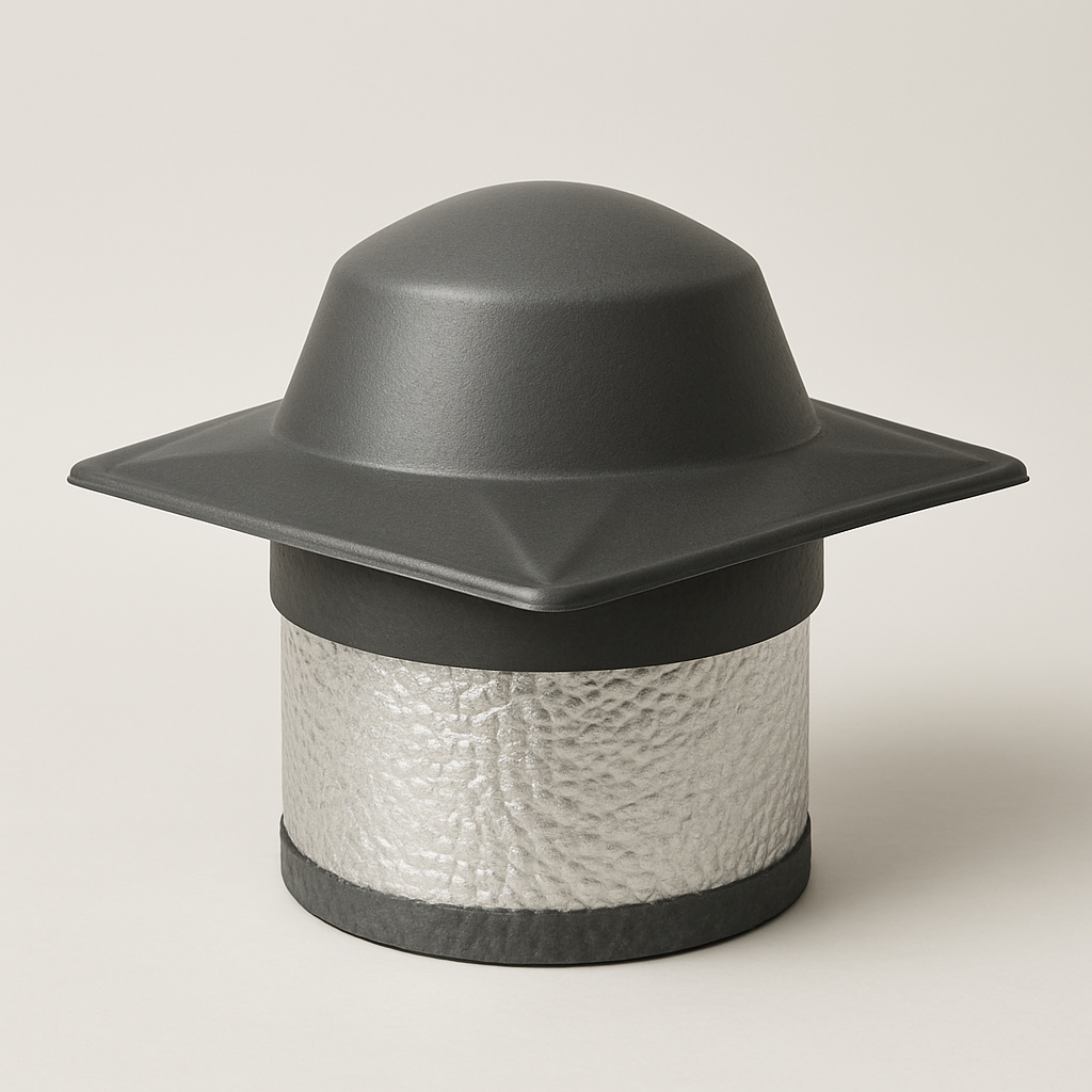 thick metal exhaust cap with sealed seams and a padded inner liner visible at the edge