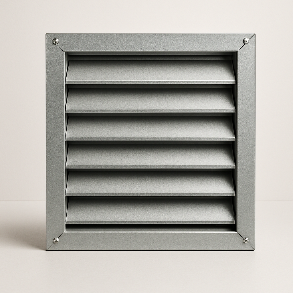 square outside air vent with gray angled slats and fine insect screen behind the face