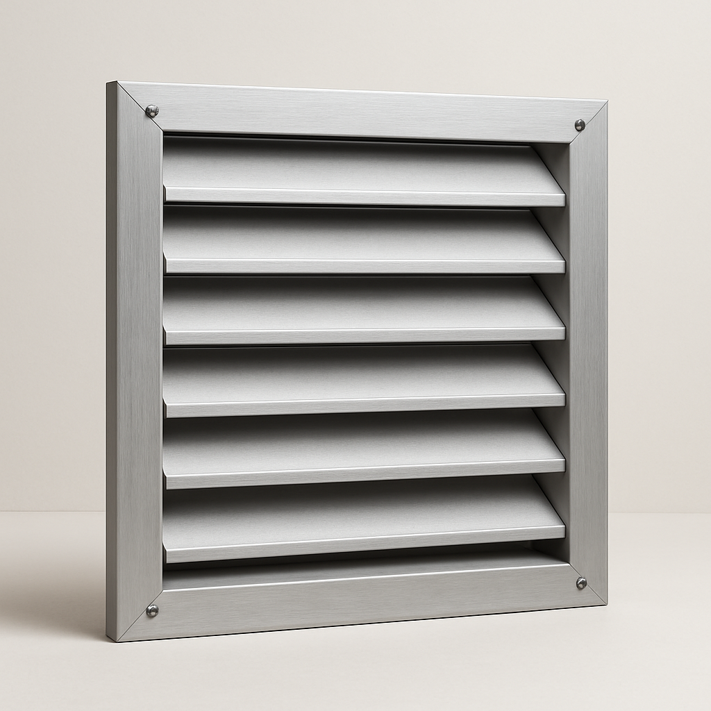 front view of a compact intake opening set in a flat metal wall mounting flange