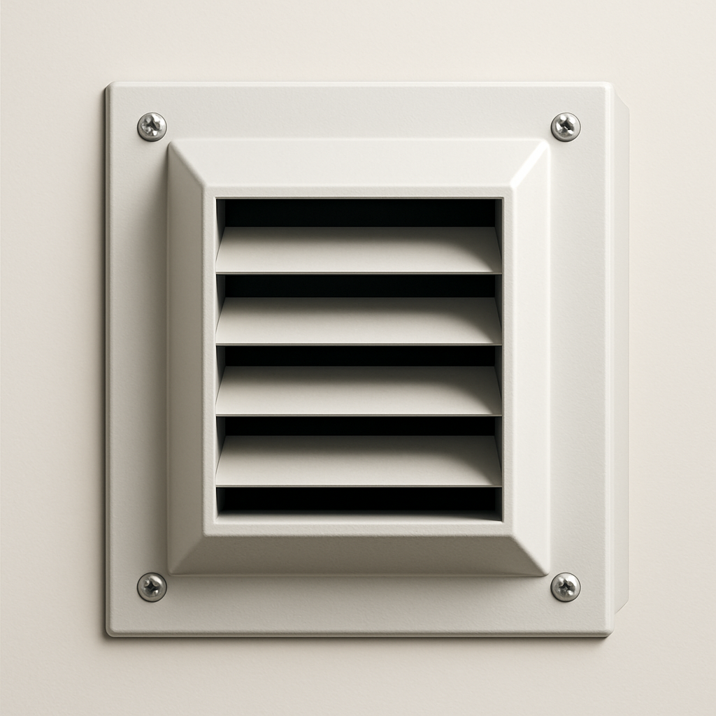 round fresh air inlet with fine metal screen mounted on light siding