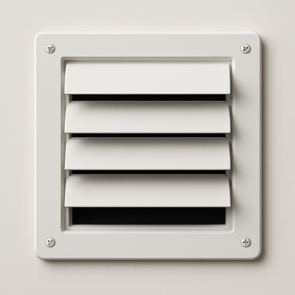 angled view of screened intake cover with raised rim and circular duct opening