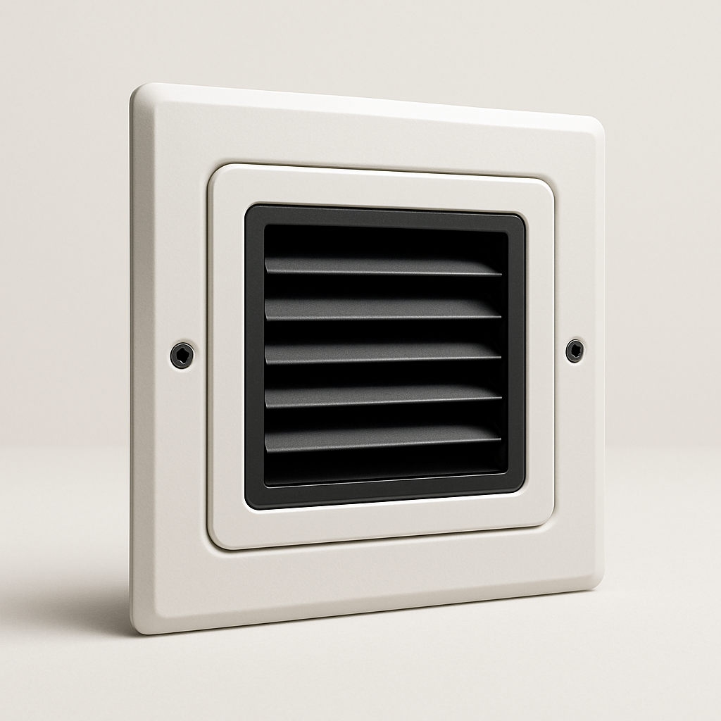 white interior transfer grille with horizontal slots set into a painted room wall
