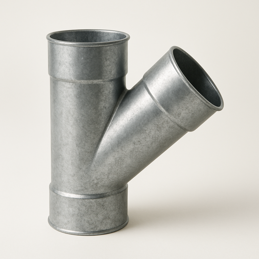 long round metal fitting shown in profile with an angled branch extending upward