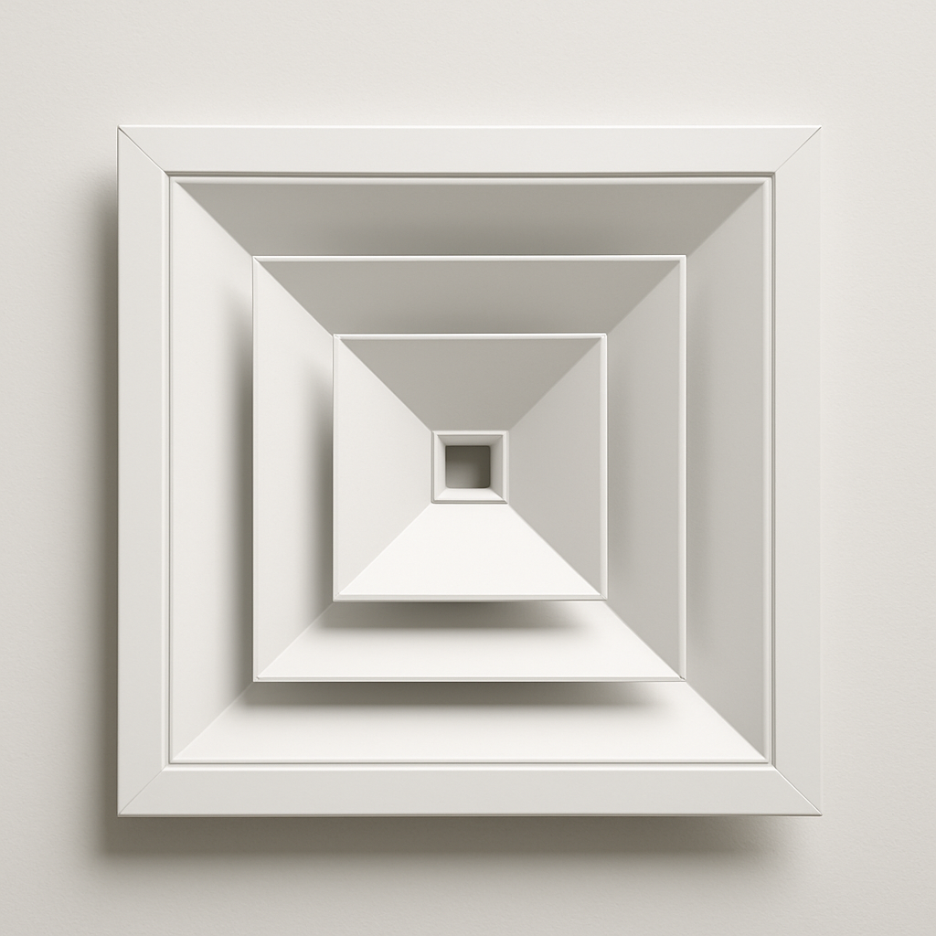 square white lay in air diffuser resting inside a suspended ceiling grid panel