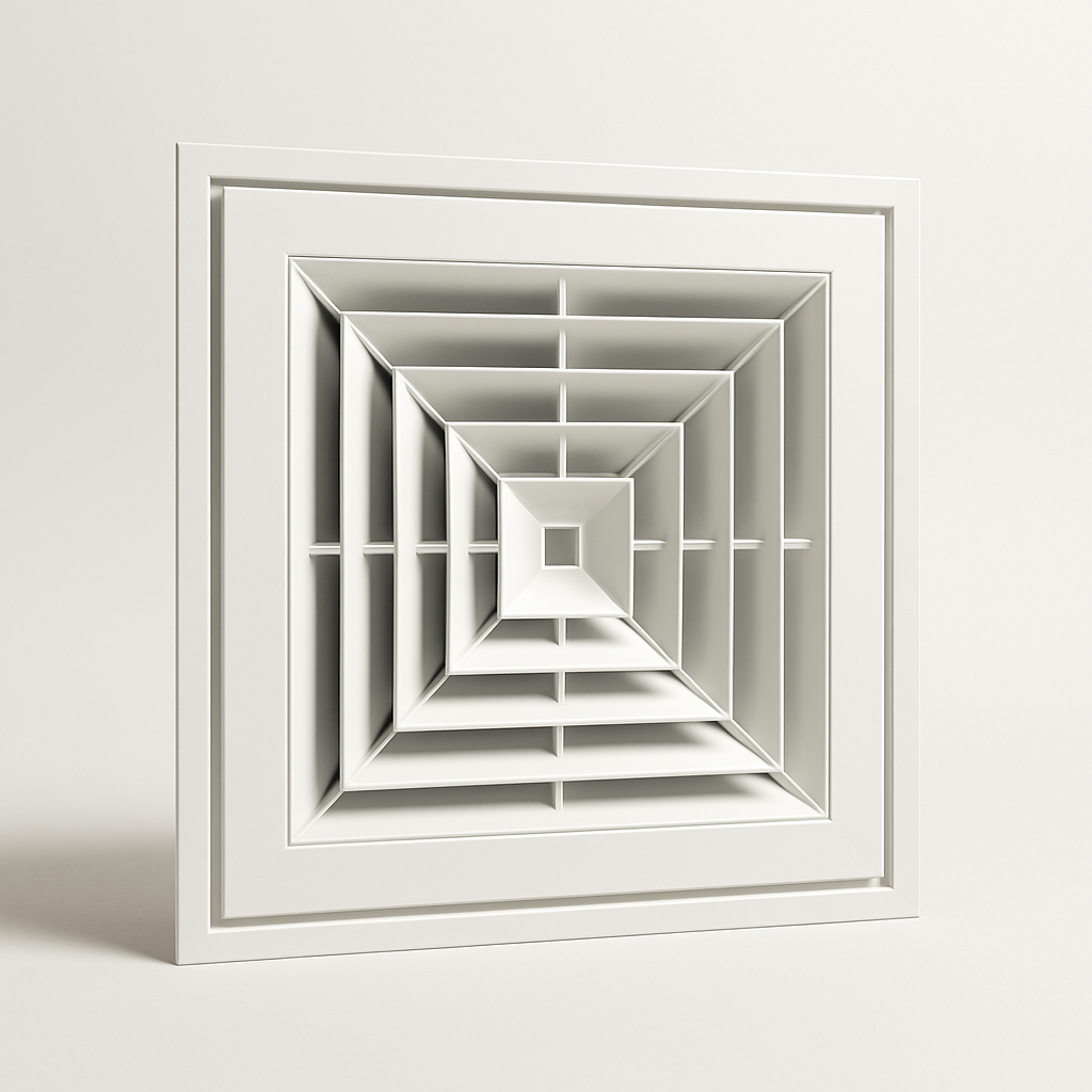 front view of a metal ceiling tile vent with centered louvers and flat border