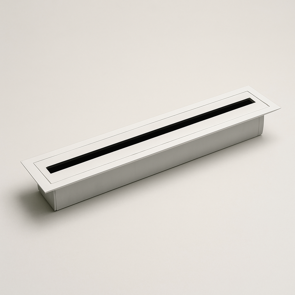 extended white linear slot vent section with continuous dark channel and square ends