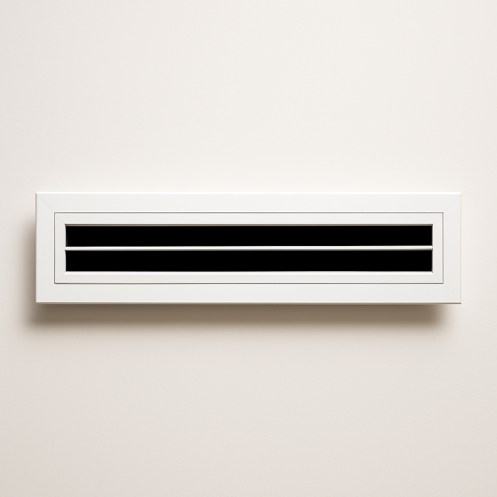 ceiling installation view of connected narrow slot diffusers forming a straight run