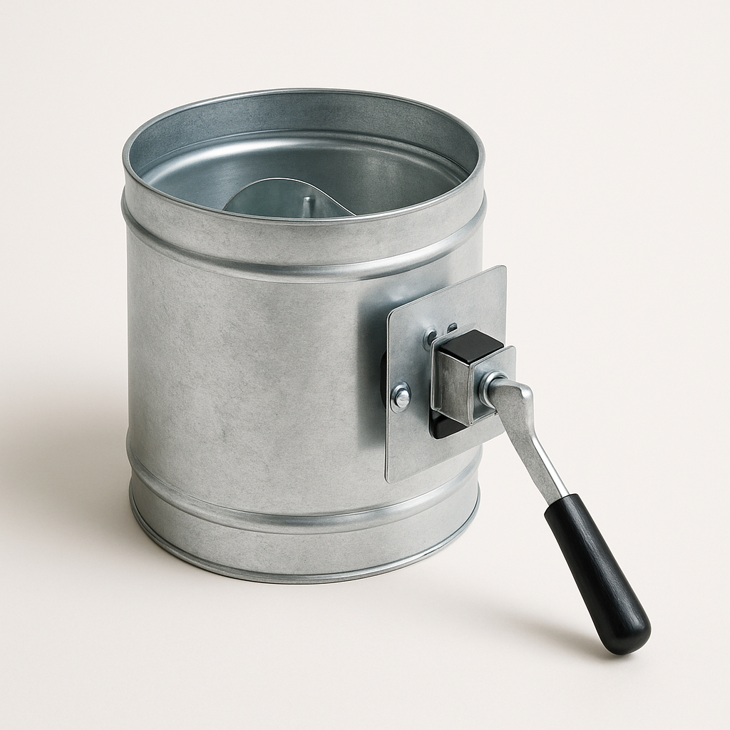 silver duct section with a black locking handle fixed to the side shaft