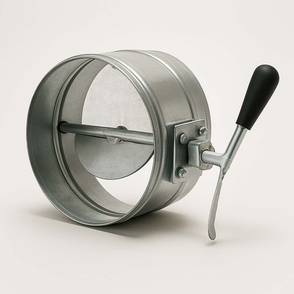 detail view of a thumb screw handle holding a metal damper blade position on a duct wall