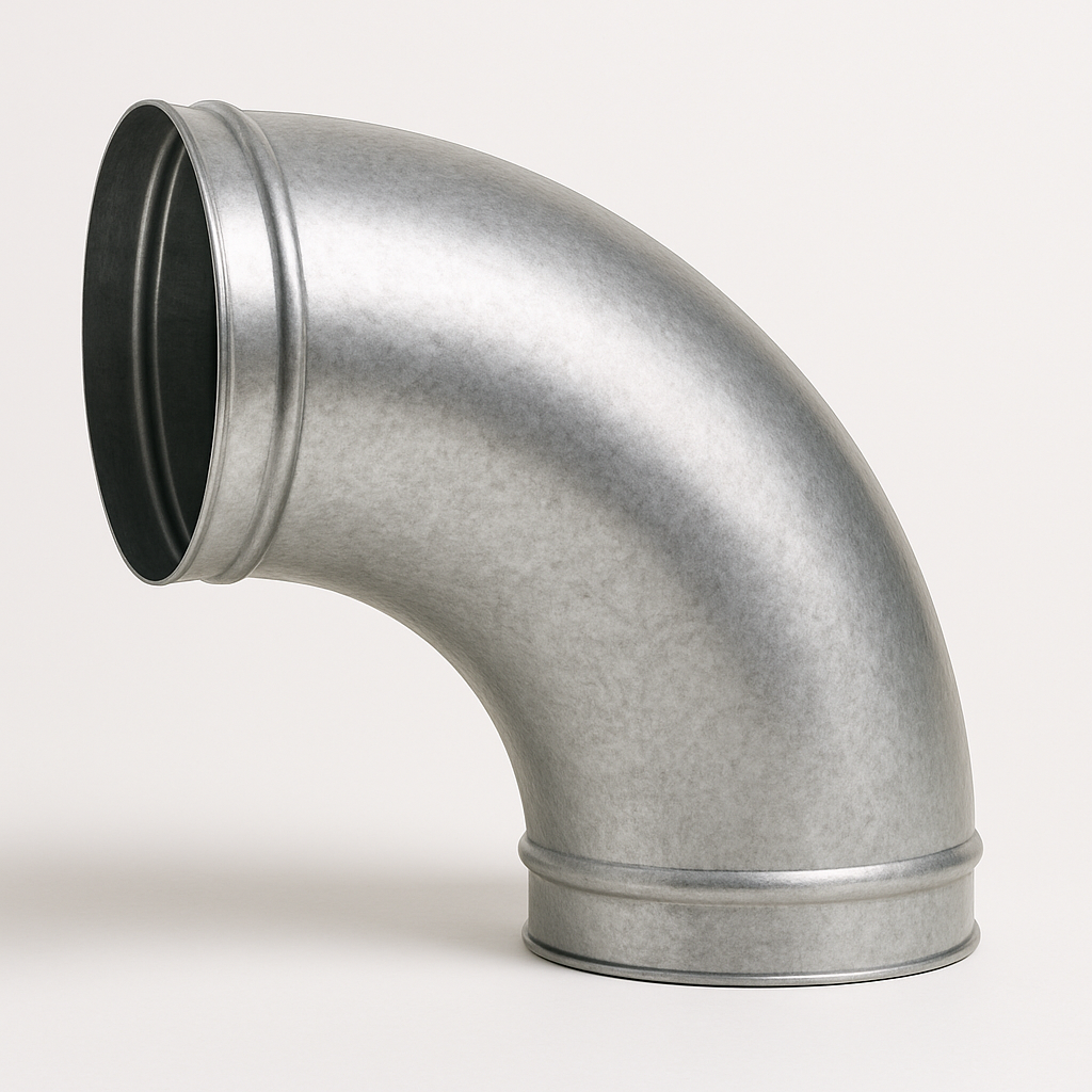 wide sweeping galvanized duct bend resting on a clean light background