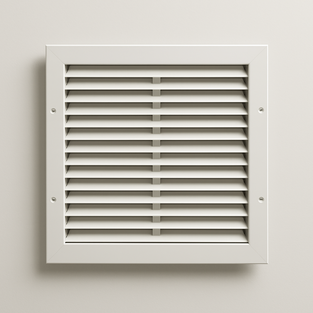 white louvered grille with fixed angled slats in a rectangular frame