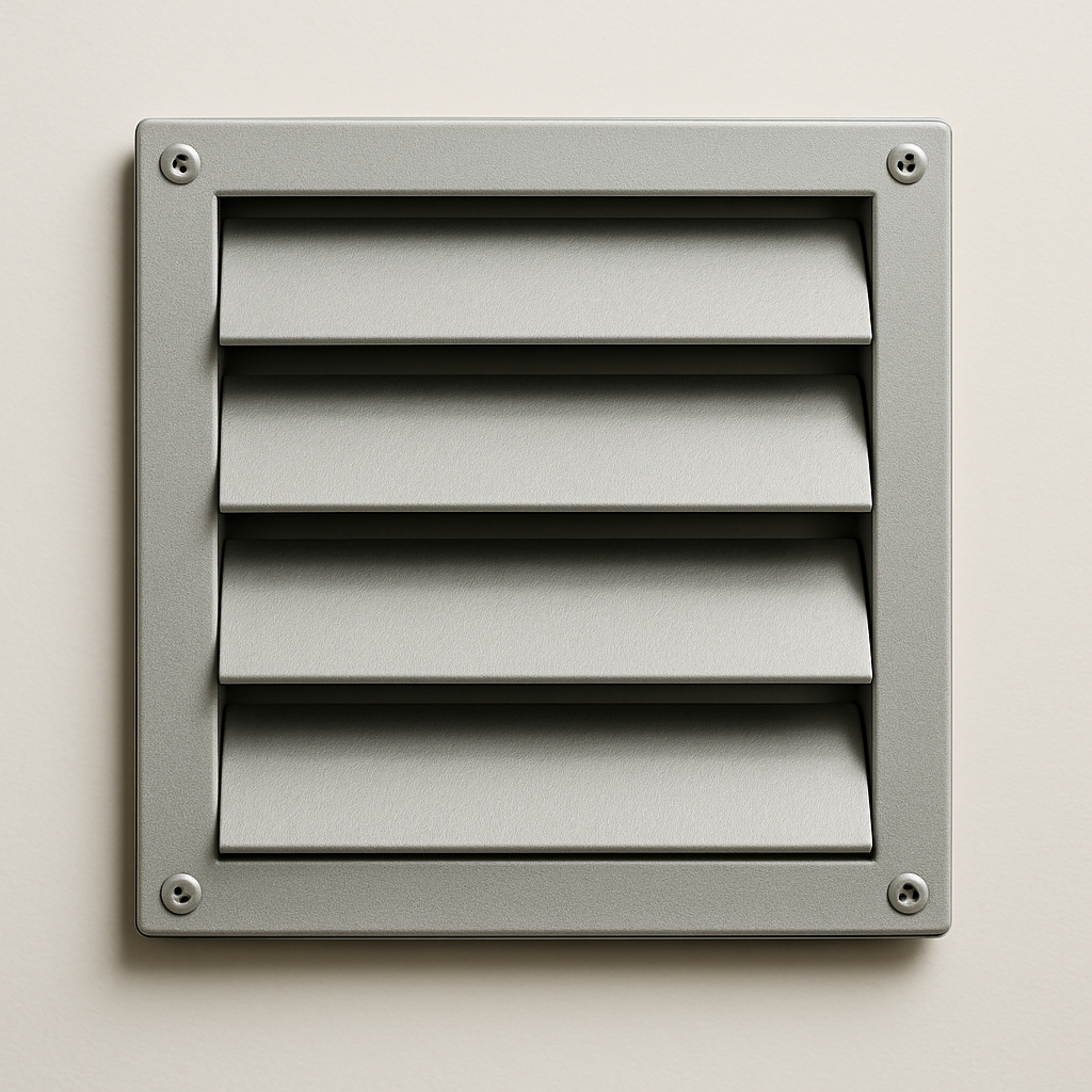 white louvered exterior grille with angled blades on horizontal siding