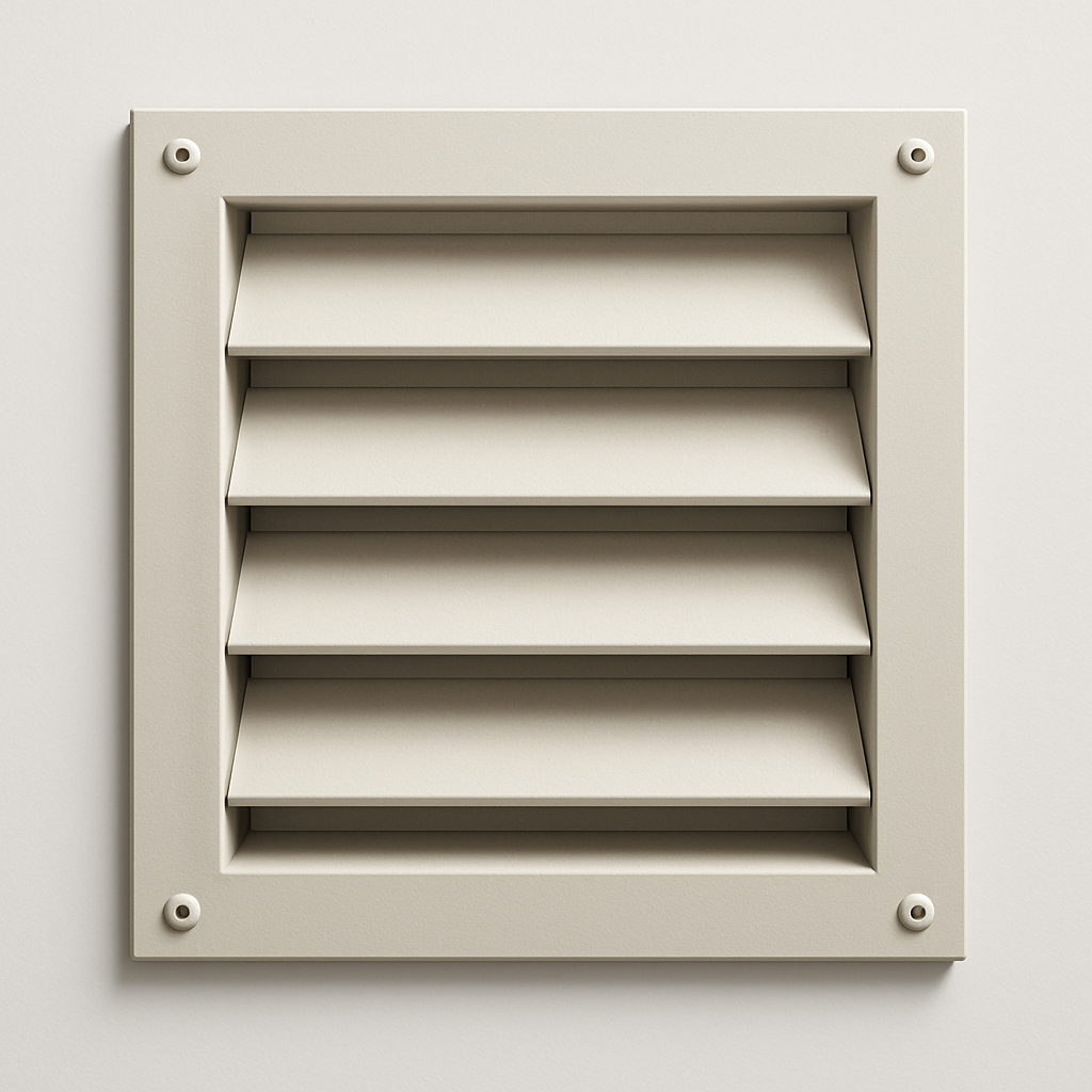 close-up of stacked plastic louvers in a square wall mounted frame