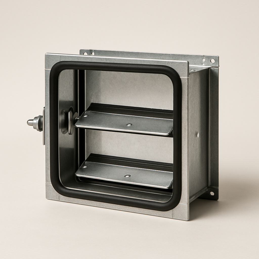 sealed rectangular metal damper with gasketed blade edges and a smooth silver frame