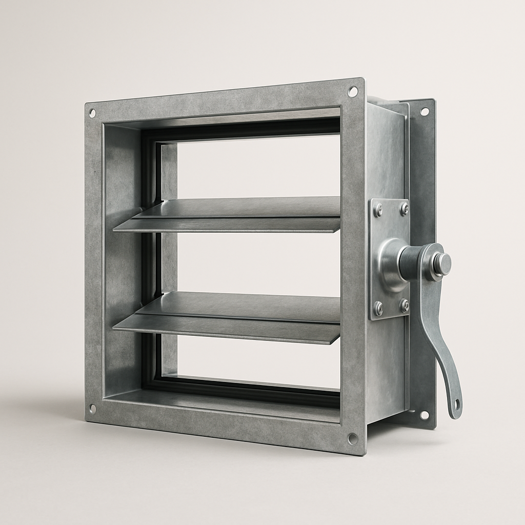 close-up of rubber edge seals around a shutoff blade inside a galvanized duct opening