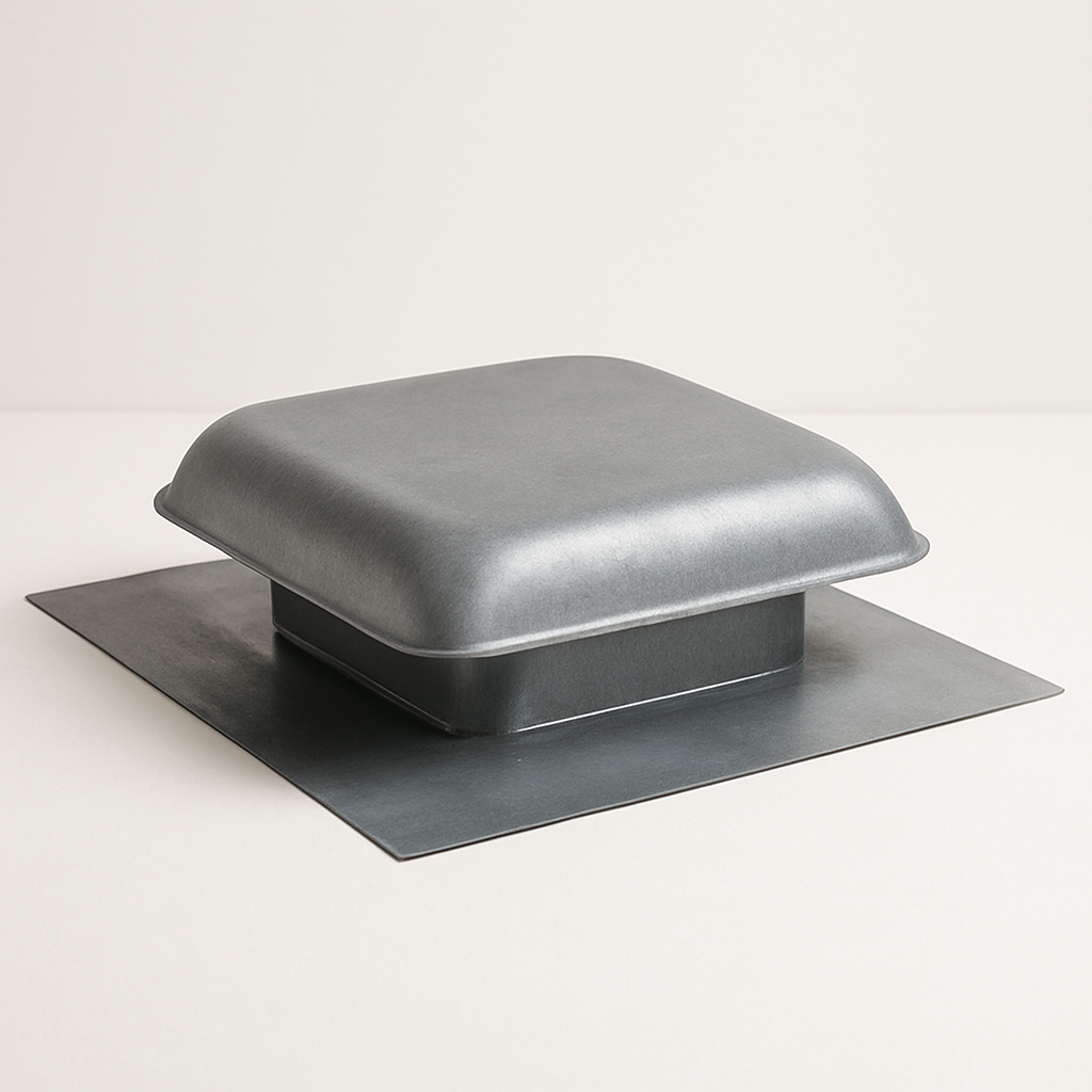 compact metal vent cover with a shallow dome and rectangular flange on a white backdrop