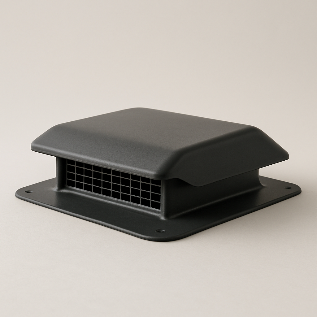 flush white vent cover sitting nearly flat against a smooth exterior wall