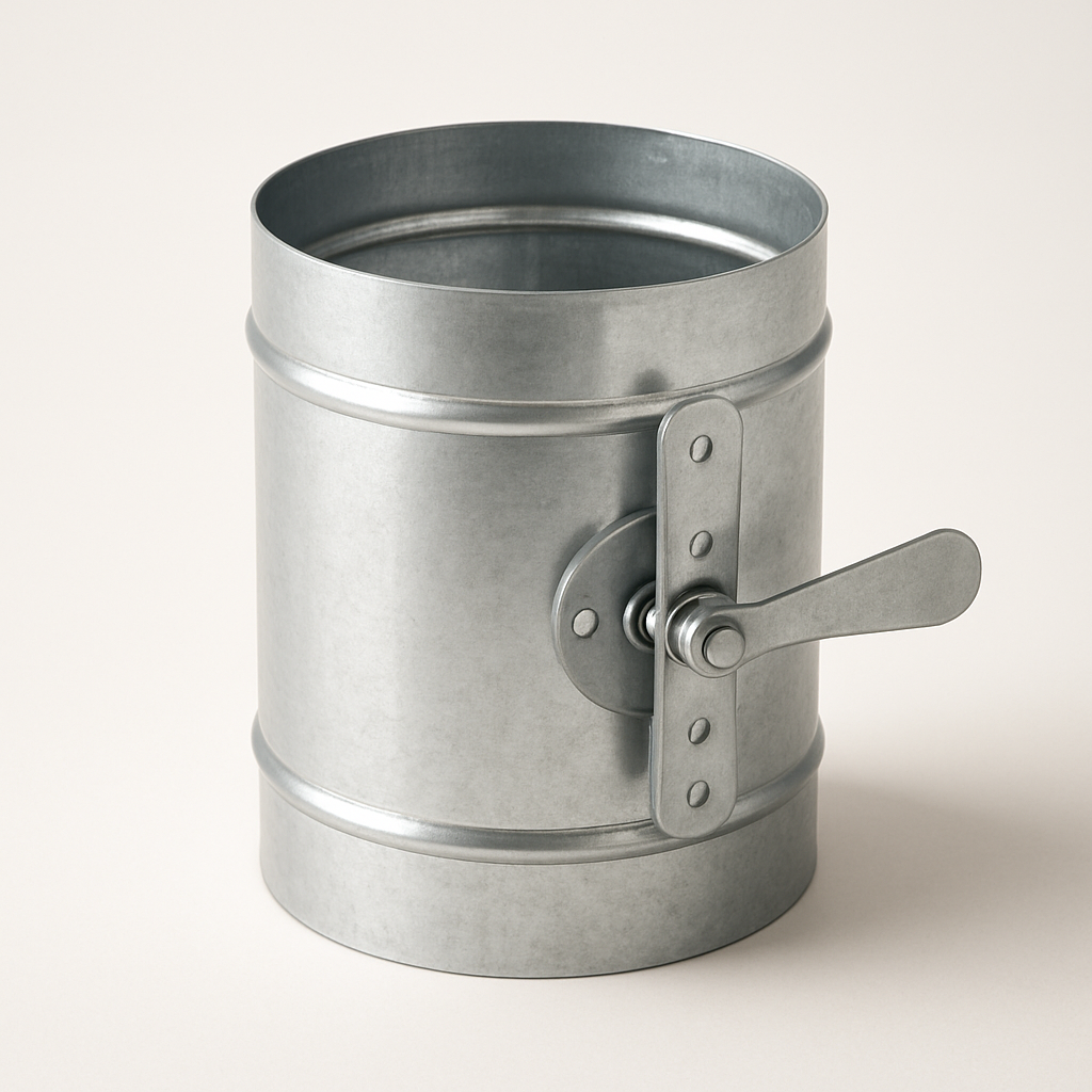 galvanized round duct insert with a flat pivoting blade and small adjustment handle on a white surface
