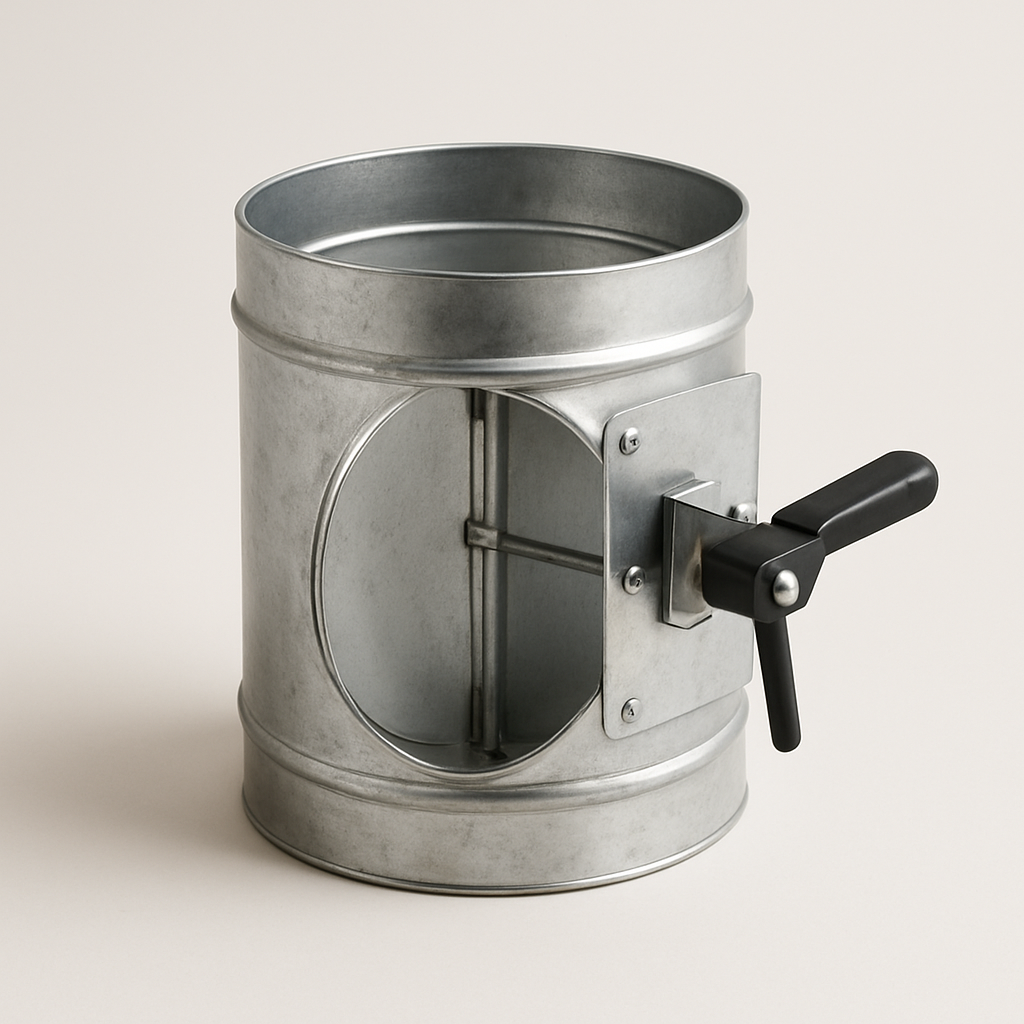 side view of a silver airflow control plate inside a short metal sleeve, handle angled upward