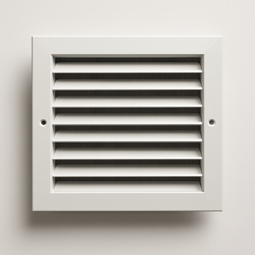 protective steel louvered grille mounted on a mechanical room wall