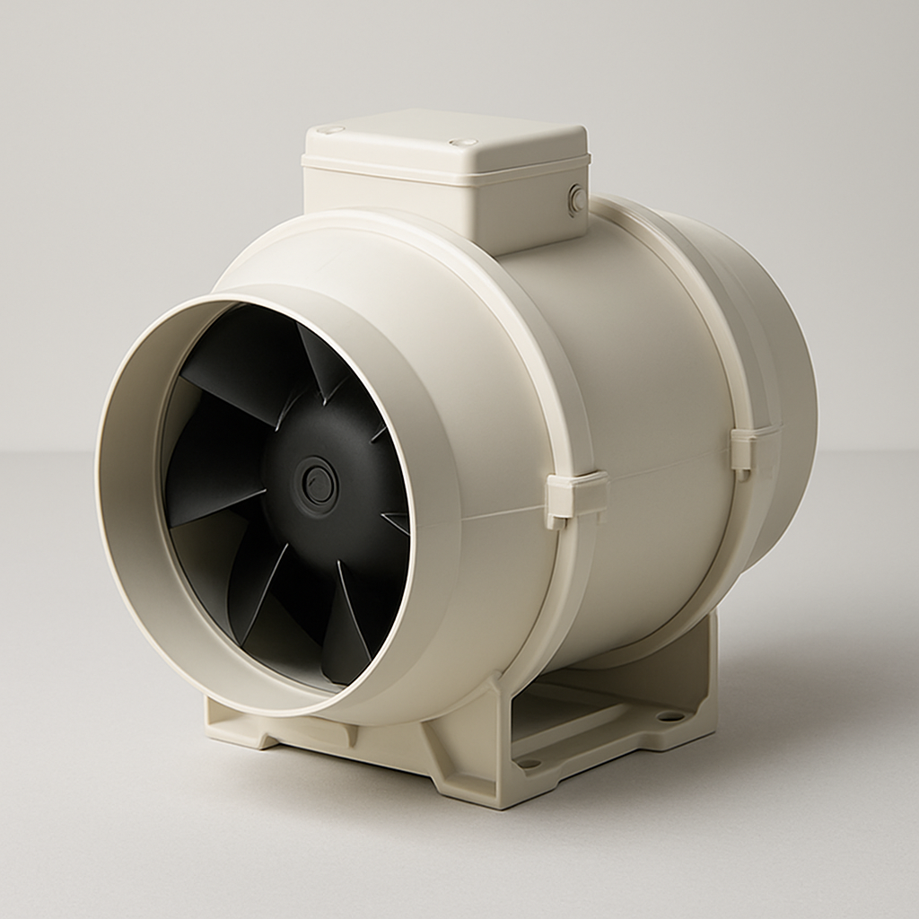 inline mixed flow ventilator with grey plastic body and round duct connectors at both ends