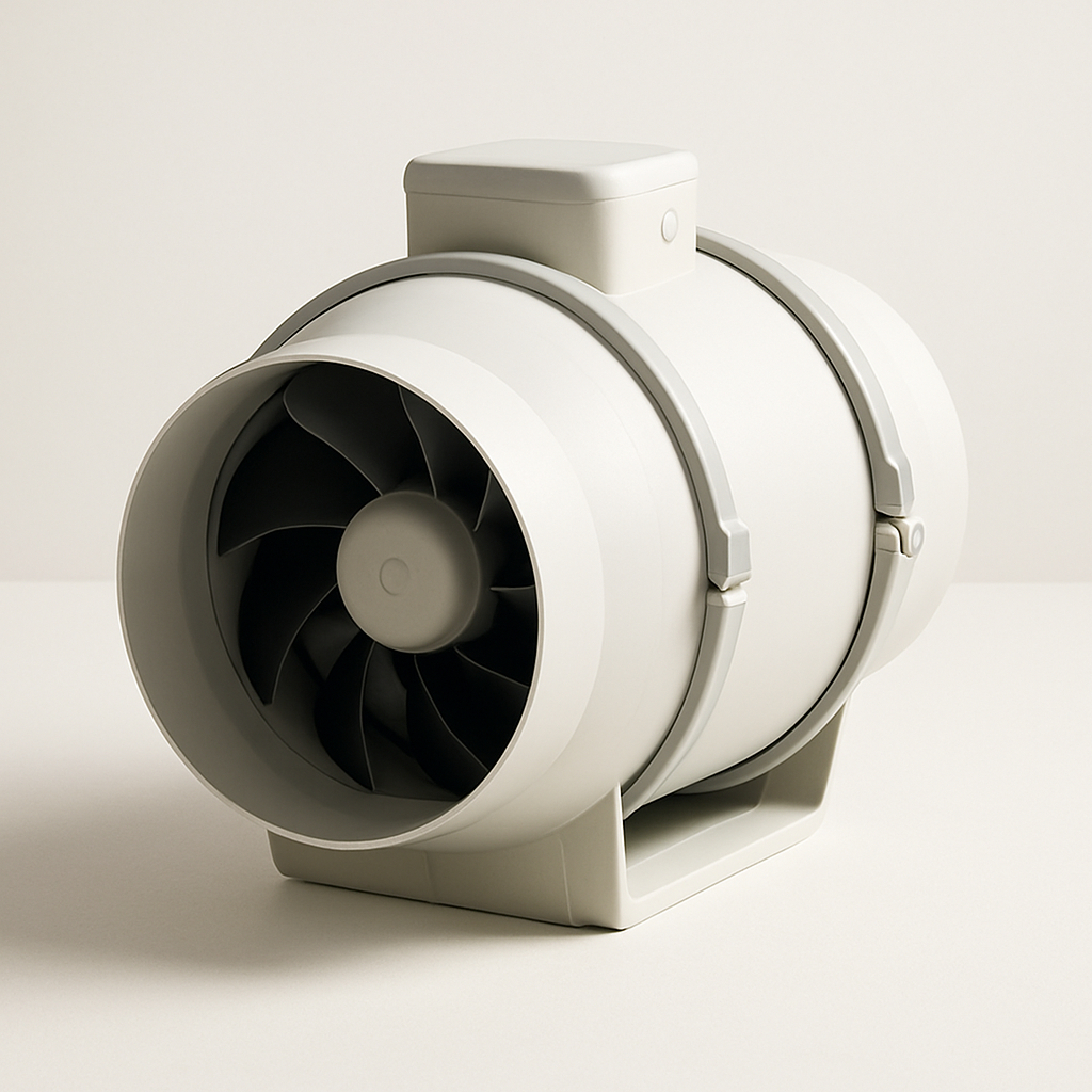 cutaway style view of a ducted fan showing angled internal blades inside a serviceable casing