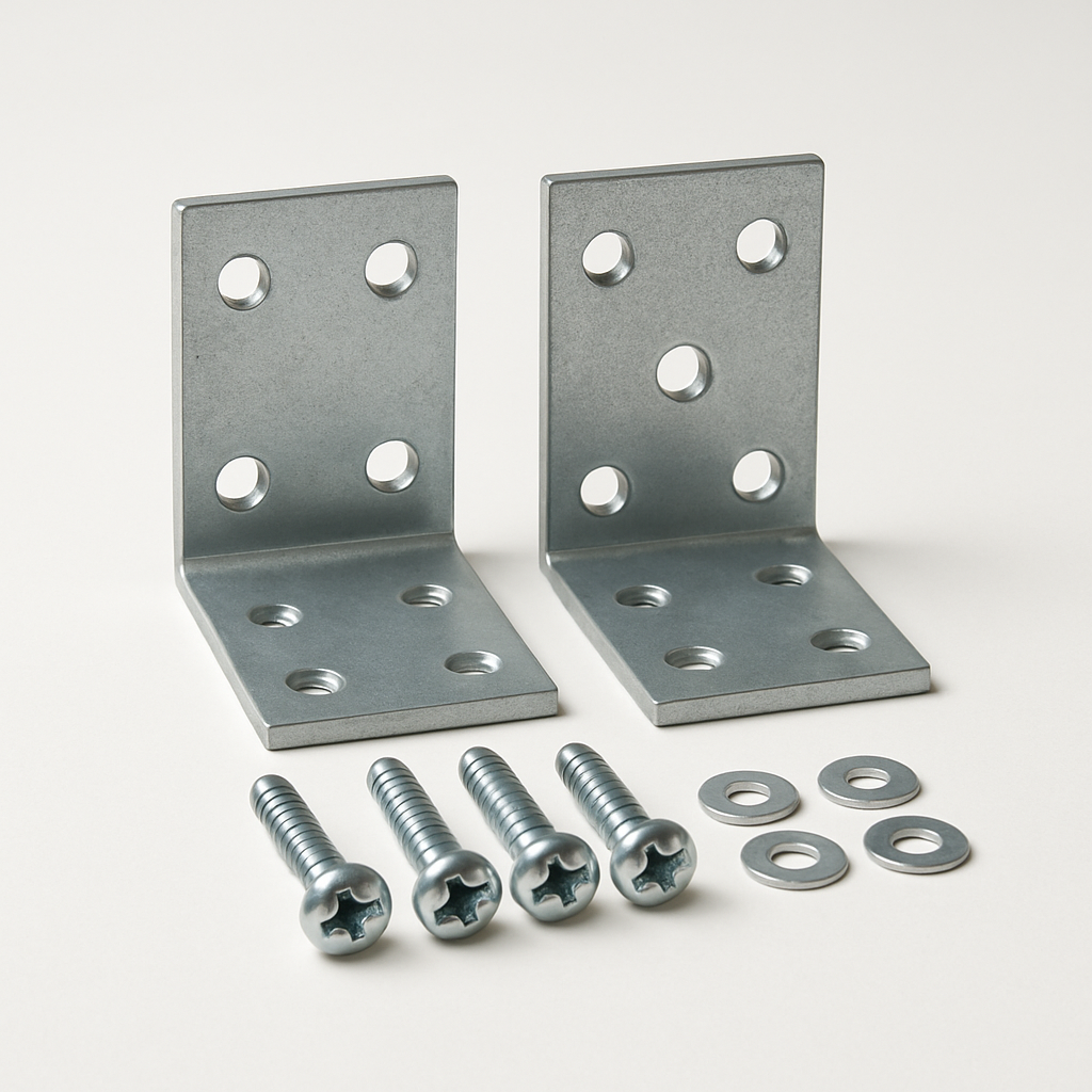 pair of slotted steel brackets laid flat with matching holes aligned